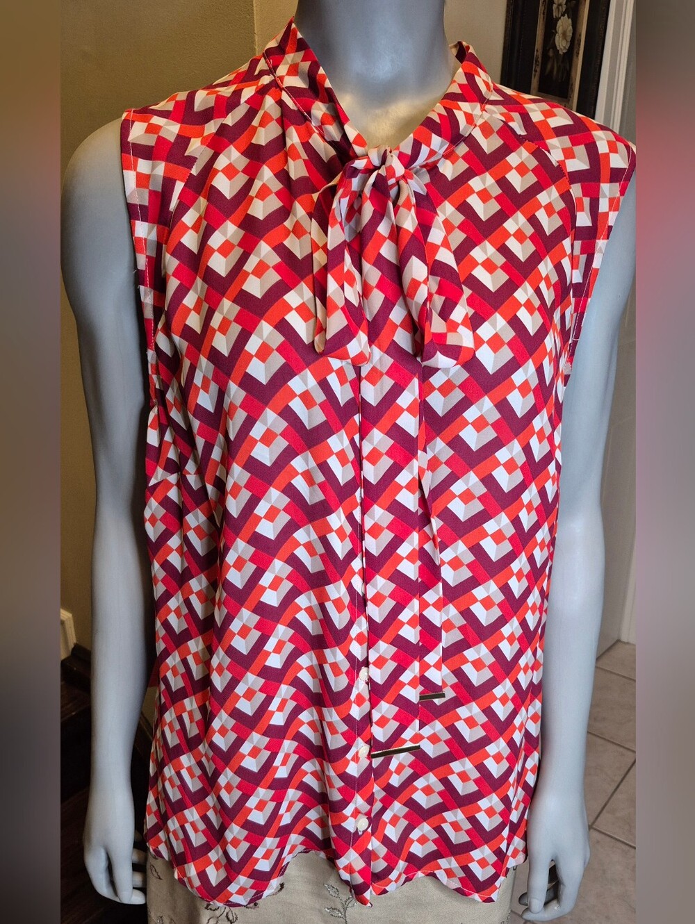Worthington Red Pink White Geometric Tie-Neck Sleeveless Blouse